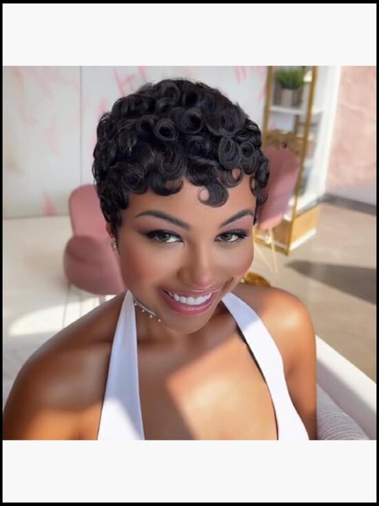 Short Pixie Cut Wig Human Hair Glueless Layered Wavy Natural Look Daily Wear